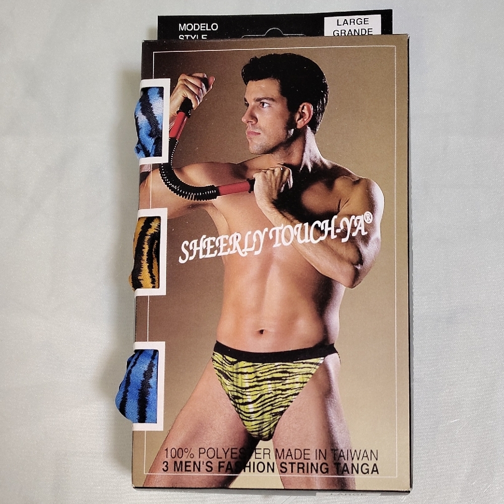 VTG Sheerly Touch-Ya Mens Size L 3 Pair String Tanga Brief Underwear Tiger Print